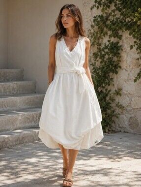 Claudio Milano White Linen Sundress Sleeveless V-Neck Balloon Skirt Medium